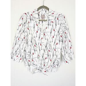 Chicos Top Amazon Parrots Print Tie Front Popover Alabaster Novelty White Size M